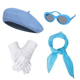 Women Girls French Themed Party Beret Hat Chiffon Scarf Gloves Retro Oval Sunglasses Fancy Dress Costume accessories Set (Blue)