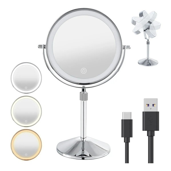 Espejo De Maquillaje Led Retráctil Aumento Doble Cara Usb