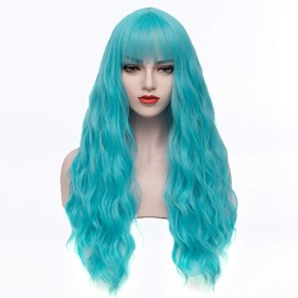 PATTNIUM Sky Blue Wig Long Curly Wig Light Blue Wig with Bangs Wavy Blue Wig Women Girls Synthetic Wig Cosplay Party Costume Wig (Sky Blue)