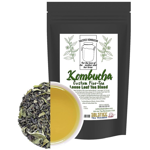 Custom Five-Tea Loose Leaf Kombucha Tea Blend (8 ounces); Handblended Custom Blend of Black, Green, White, Rooibos & Yerba Mate Tea for Brewing Kombucha (5-Tea Special Blend)