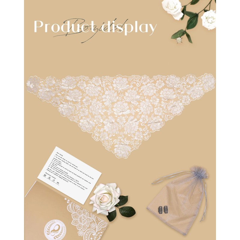 Bozidol Church Mantilla Catholic Veil: White Peony Flowers Embroidered Lace