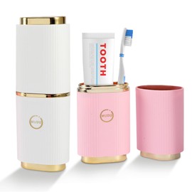 QWLWBU - 2 fundas para cepillos de dientes de viaje, para parejas, estuche de viaje portátil, 8.27 pulgadas, soporte para cepillo para polvo de dientes transpirable para viajes, camping, negocios, viajes, escuela (blanco, rosa)