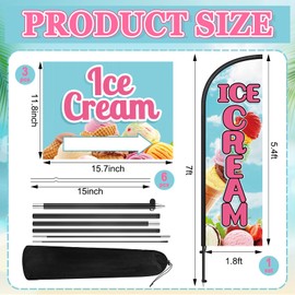 Hahafelt 3 Pcs Ice Cream Shop Sign 1 Pcs 7 ft Ice Cream Flag with Pole Kit Yard Sign with Metal Stakes Feather Windless Swooper Shop Flags for Outdoor Business Advertising