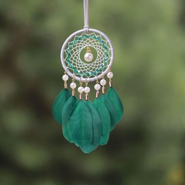 Tree of Life Dream Catcher Rearview Mirror Accessories Handmade Feather Tree of Life Suitable for Girls Dream Chaser Car Decoration Room Decoration Pendant (Pearl Green)