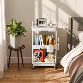 Sorgion 3 Tier Rolling Cart Organizer,Laundry Room Bathroom Organizers and Storage Office Shelves Mobile Shelving Unit Kitchen Trolley Cart with Wheels for Art,Craft,Diaper,Bedside,Snack(White)