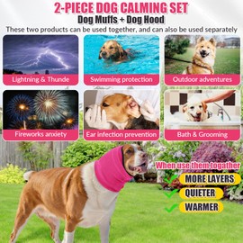 SlowTon 2 Packs Dog Calming Ear Muff and Hood Set - Upgrade Ultra Quiet Adjustable Dog Ear Cover for Noise Protection Anxiety Relief, Breathable Calming Head Wrap for Noise Cancelling