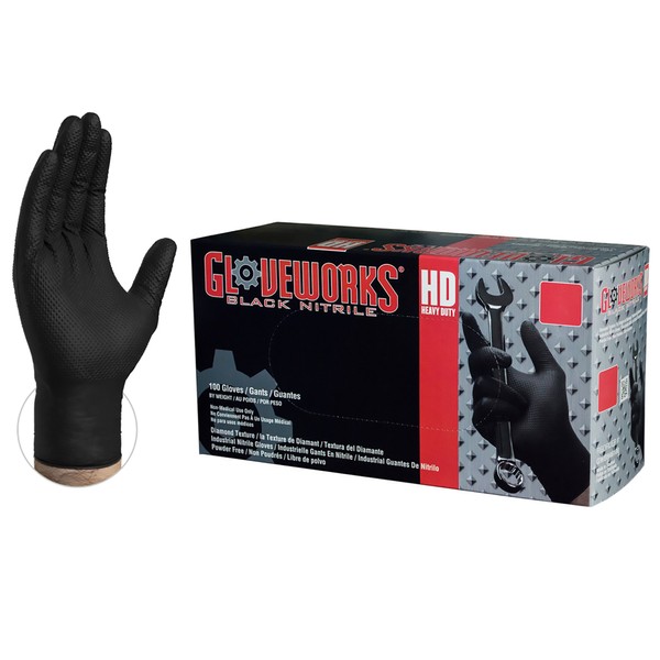 GLOVEWORKS HD Industrial Black Nitrile Gloves with Diamond Grip Box of 100, 6mil, Size Large, Latex, Powder Free, Textured, Disposable, GWBN46100-BX