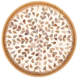 Rattan Serving Tray, Round Rattan Tray with Mother of Pearl Inlay, Boho Style Decorative Woven Tray for Coffee Table, Home Decor, Storage and Display Tea Bread Fruit (Rose Gold Leaves, 13.8 inch)