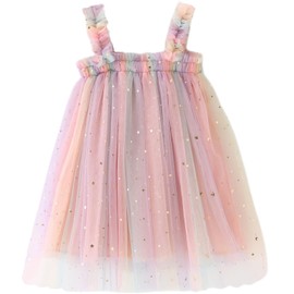 Baby Girl Tutu Rainbow Dresses, Toddler Tulle Sleeveless Sequin Stars Dress, Princess Layered Soft Dress Birthday Outfit,Rainbow Pink Size 130