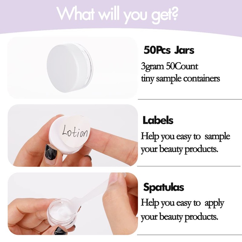 3 Gram Sample Containers With Lids, 50 Count Tiny Jars,