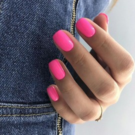 KQueenest Hot Pink Press On Nails Short - Acrylic Press On Nails Square, Bright Neon Pink Short Fake Nails with Glue, Glossy Vibrant Color, Reusable Soft Gel Glue on Nails for Women, 24 Pcs