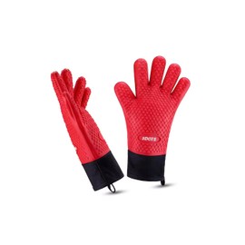 5Dots Silicone Oven Mitts - Heat Resistant Grilling Gloves, Premium Non-Slip BBQ Gloves with Protective Cotton Layer Inside, Waterproof, Great for Grilling, Baking and Cooking (Red)