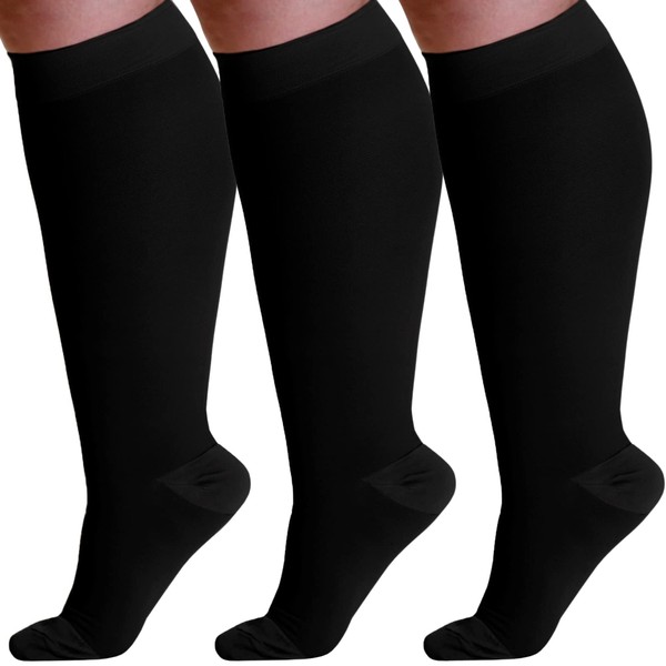 (3 Pairs) Plus Size Compression Socks for Women and Men Circulation 20-30mmHg - Graduated Support Compression Knee High for Swelling, Achilles Tendon, Thrombosis - Black, 7X-Large - A501BL10-3