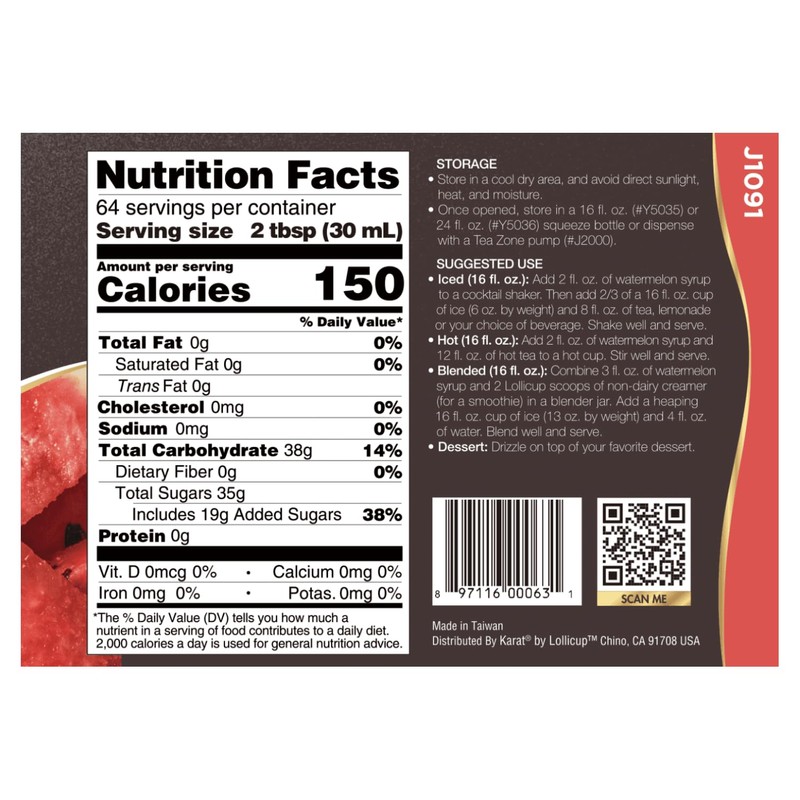 Tea Zone J1091 64 fl. oz Watermelon Syrup for Tea,