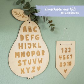 Papierdrachen Set of 2 Engraved Wooden Signs - Bunting with Numbers from 1-10 and Pear with the Alphabet - Gift for First Graders to Start School - Great Decoration for the Kids or Classroom - Set 1