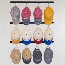 ETOWIFA Baseball Cap Organizer, Holds Up to 36 Caps, Strong Metal Hooks, Versatile Mounting, Anti-Fall Design, Space-Saving, DIY Fun, Includes 3 Straps and 12 Hooks
