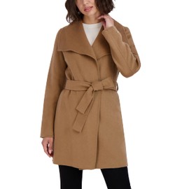Tahari Women's Double-Faced Luxury Soft Blend Peacoat-Wrap Wool Coat with Removable Belt, Cream Camel, Small