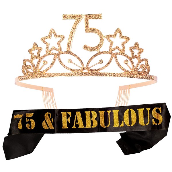 MEANT2TOBE 75th Birthday Sash and Tiara for Women - Fabulous Glitter Sash + Stars Rhinestone Gold Premium Metal Tiara for Her, 75th Birthday Gifts for 75 Celebration