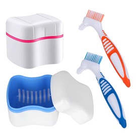 Denture Cleaner Box and Brush Set - 2 Pack Denture Bath Case with Basket + 2 Pack Denture Brush, Portable Denture Retainer Storage Box, False Teeth Brushes for Oral Care (Blue and Red)