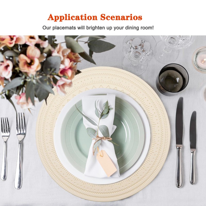 15" Round Beige Plastic Placemats Set of 8, Waterproof Table