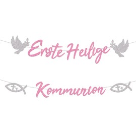First Holy Communion Garland, Confirmation Decoration Flag, Christening Decoration Banner, Hanging Decoration Banner Confirmation for First Communion Decoration, Christening Party Decoration (Pink)