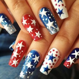 24 Pcs Independence Day Press on Nails 4th of July Fake Nails Long Coffin Glue on Nails Red Blue Acrylic Nails Full Cover Stick on Nails with Star Design Cute False Nails for Women Manicure Supplies