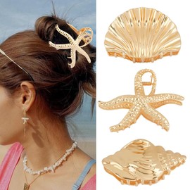 TODDER 3PCS Starfish Hair Claw Clips Seashell Hair Clips, Large Gold Metal Claw Clips for Thick Hair for Women and Girls