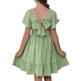 blibean Girls Summer Tie Back Dress Tween Kids Casual Boho Cold Shoulder Cute Dresses Ruffle Party Outfit Short Sleeve Tulle Vestidos Niñas Size 14 15 16 Years Old Light Green