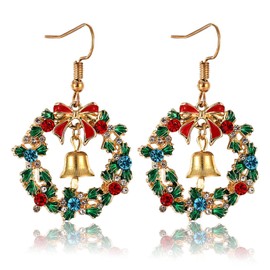 Christmas Rhinestone Wreath Bell Earrings for Women Xmas Dangle Drop Red Bow Earrings Cute Holiday Earrings Jewelry Christmas Party Gift