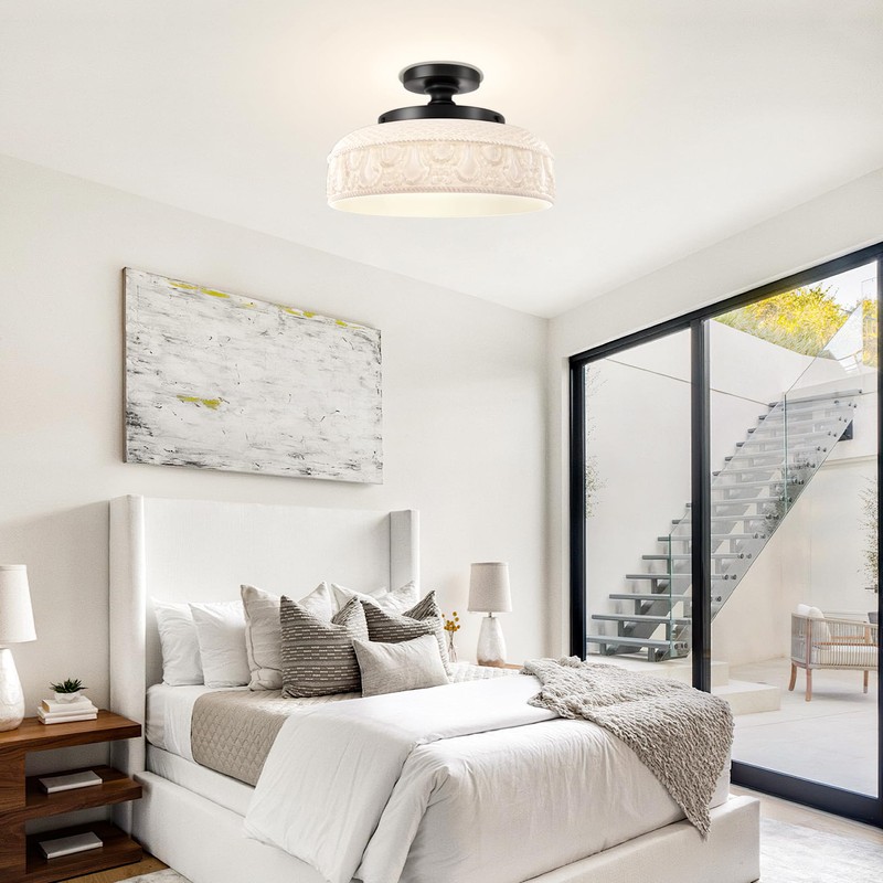 Lamomo Semi Flush Mount Ceiling Light,White Glass Shade Black Hallway