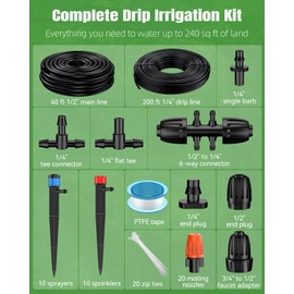 Pawfly 240 ft Drip Irrigation System for Garden, Drip Irrigation Kit with 40ft 1/2" & 200ft 1/4" Tubing Adjustable Emitters Fittings and Accessories, Garden Watering System for Greenhouse Lawn Yard