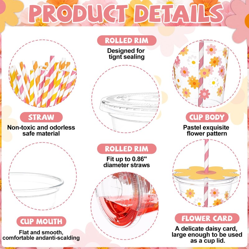 50 Sets 12oz Groovy Daisy Disposable Cups Set