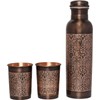 Copper Water Bottle with 2 Tumblers Set, Floral Pattern for