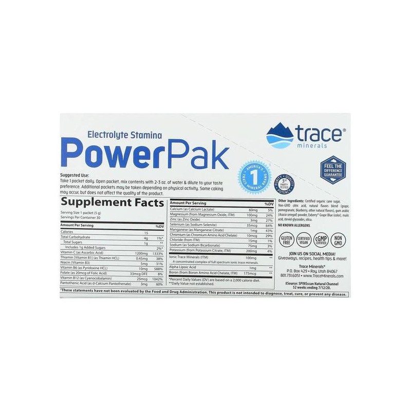 미국직구 Trace Minerals 트레이스미네랄 파워팩 1200mg 비타민C 석류 블루베리맛 5g