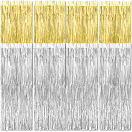 Pack of 10 Tinsel Curtain Silver and Tinsel Curtain Gold, 1 x 2 m Glitter Curtain Birthday, Glitter Curtain Tinsel for Birthday Party, Wedding, Stage Decoration, Carnival and Festivals