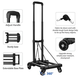 KEDSUM KEDSUM Folding Hand Truck with 4 Wheels, Lightweight Dolly Cart Foldable with 2 Elastic Ropes, Solid Construction Utility Luggage Cart Compact for Travel, Moving and Office Use, Easy to Store