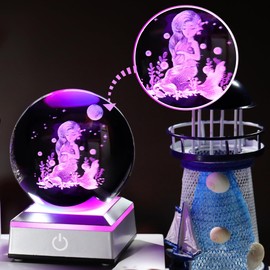Ornalrist 3D Mermaid Crystal Ball Gifts for Women, Girls 3.15in with Colorful LED Light Base - Gifts for Kids on Birthday, Christmas, New Year - Mermaid Figurines Home Decor