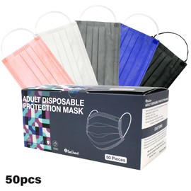 3-Ply Disposable Protective Face Masks Earloop, Dust Filter Mouth Cover Black, Blue for Adult Men & Women (50 PC - Solid Color Mix)