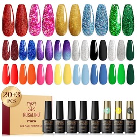 ROSALIND 23Pcs Rainbow Bright Colors Gel Nail Polish Set Glitter Pink Orange Blue Gel Polish Matte Base Top Coat Set Need Uv Nail Lamp to Cure Ladies Manicure Gift