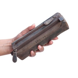 'Jim' Leather Pencil Case Vintage | Large 2-Compartment Round Pen Holder for Men and Women | Genuine Leather Pouch Stationary Organizer, Colour:Dark - Brown