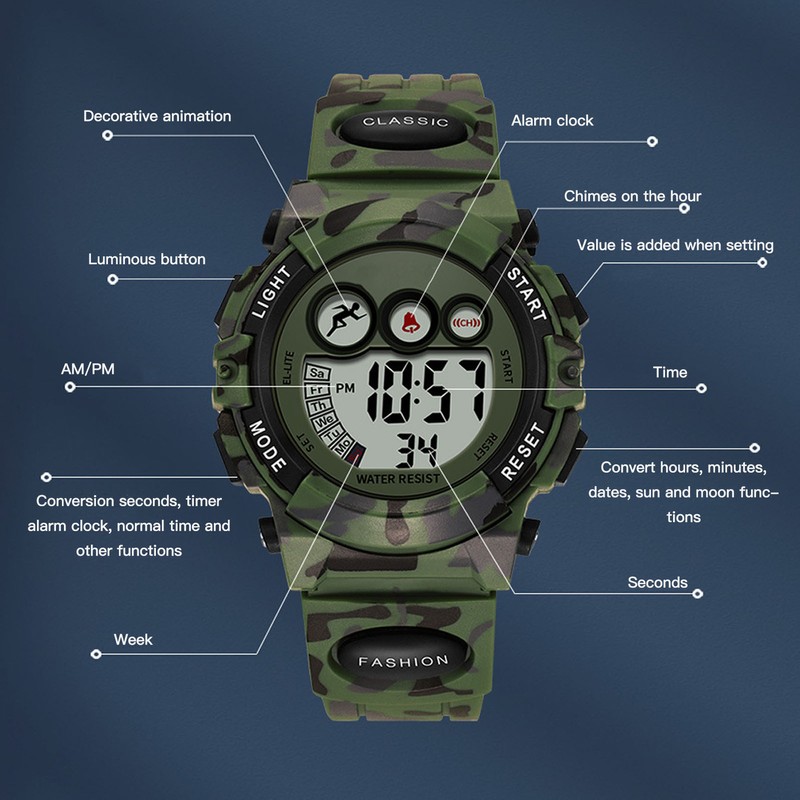 Camouflage Green Kids Watch 7 Colors LED 50M Waterproof Digital