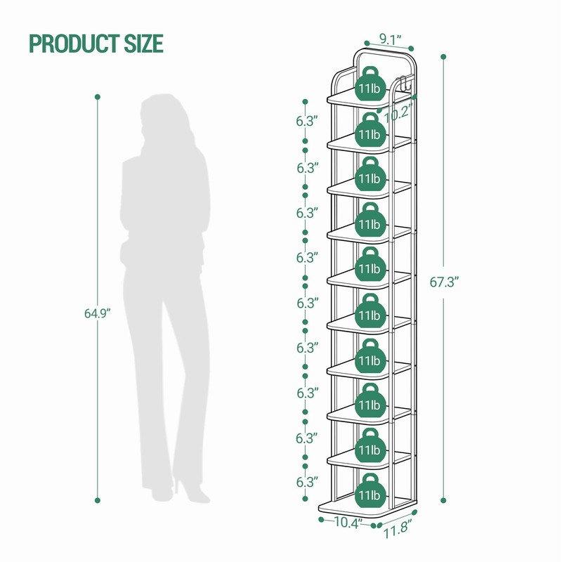 10 Tiers Vertical Shoe Rack, Narrow Shoe Tower, Tall Shoes