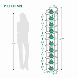 10 Tiers Vertical Shoe Rack, Narrow Shoe Tower, Tall Shoes Shelf with 2 Hooks, Adjustable Shelves, Corner Shoes Shelves for Small Spaces, Entryway, Living Room, Greige SR11205B