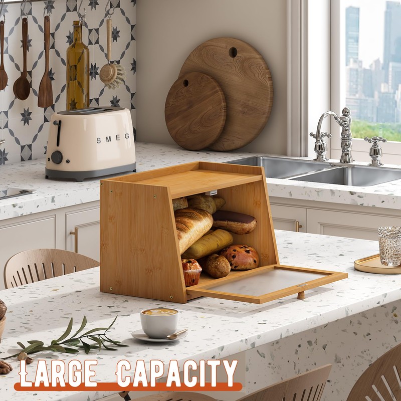 GHWIE Large Bread Box, Easy Access & Cleaning - Bamboo