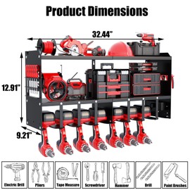 YOWAA Power Tool Organizer Wall Mount, Power Tool Holder, Tool Rack with 8 Drill Holders, 3 Layers Large Capacity Power Tool Rack, Tool Room Storage Ideal for Garage, Tool Storage Shelf