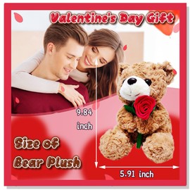 9.84" Brown Teddy Bear Stuffed Animal with Rose, Romantic Teddy Bear Stuffed Animals Plush Toys for Girlfriend, Cute Plush Toys for Kids and Babies, Birthday, Anniversary and Valentines Gifts