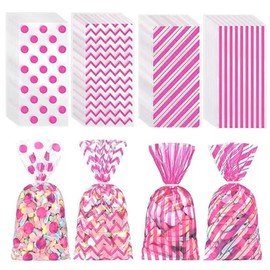 Suffolly 60 Pcs Polka Dot Sweet Cellophane Bags,Clear Plastic Candy Gift Bags,Self Sealing Party Favor Gift Candy Bag,Striped Candy Wrapping Bags for Valentine's Day Wedding Party Decorations Supplies