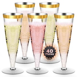 Lazyshine Plastic Champagne Flutes Gold Rim Disposable Wine Glasses - 40 Pack 4.5 Oz Mimosa Glasses Bulk Cocktail Cups for Party Supplies Wedding Bride Bar Women's Day, Copas De Plastico Para Brindis