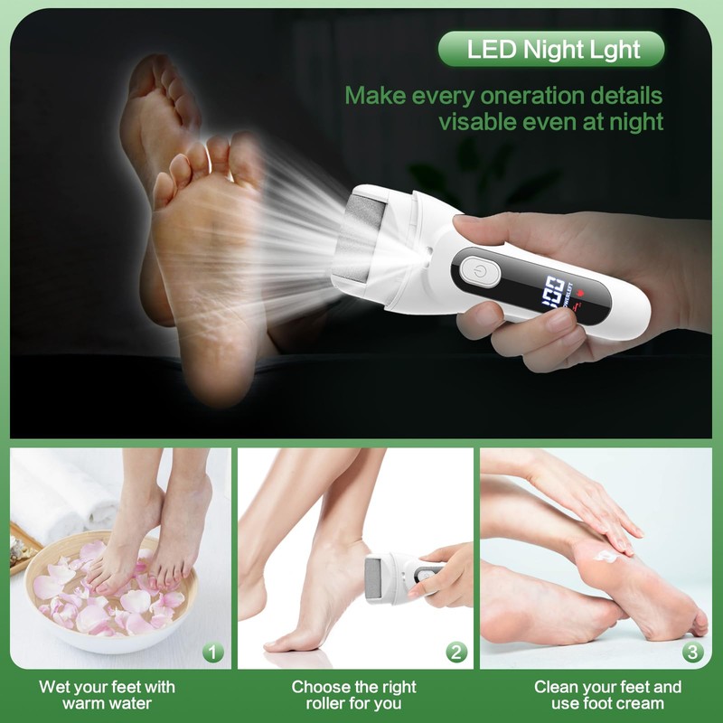 Electric Foot File Callus Remover, Rechargeable, 3 Replacement Rollers