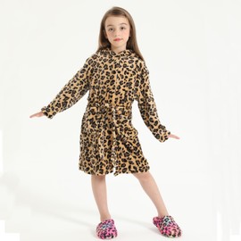 ACTLATI Leopard Cat Fleece Hooded Robe for Girls, Plush Bathrobe With Pockets for 3-12 Years Kids Birthday Christmas Gifts